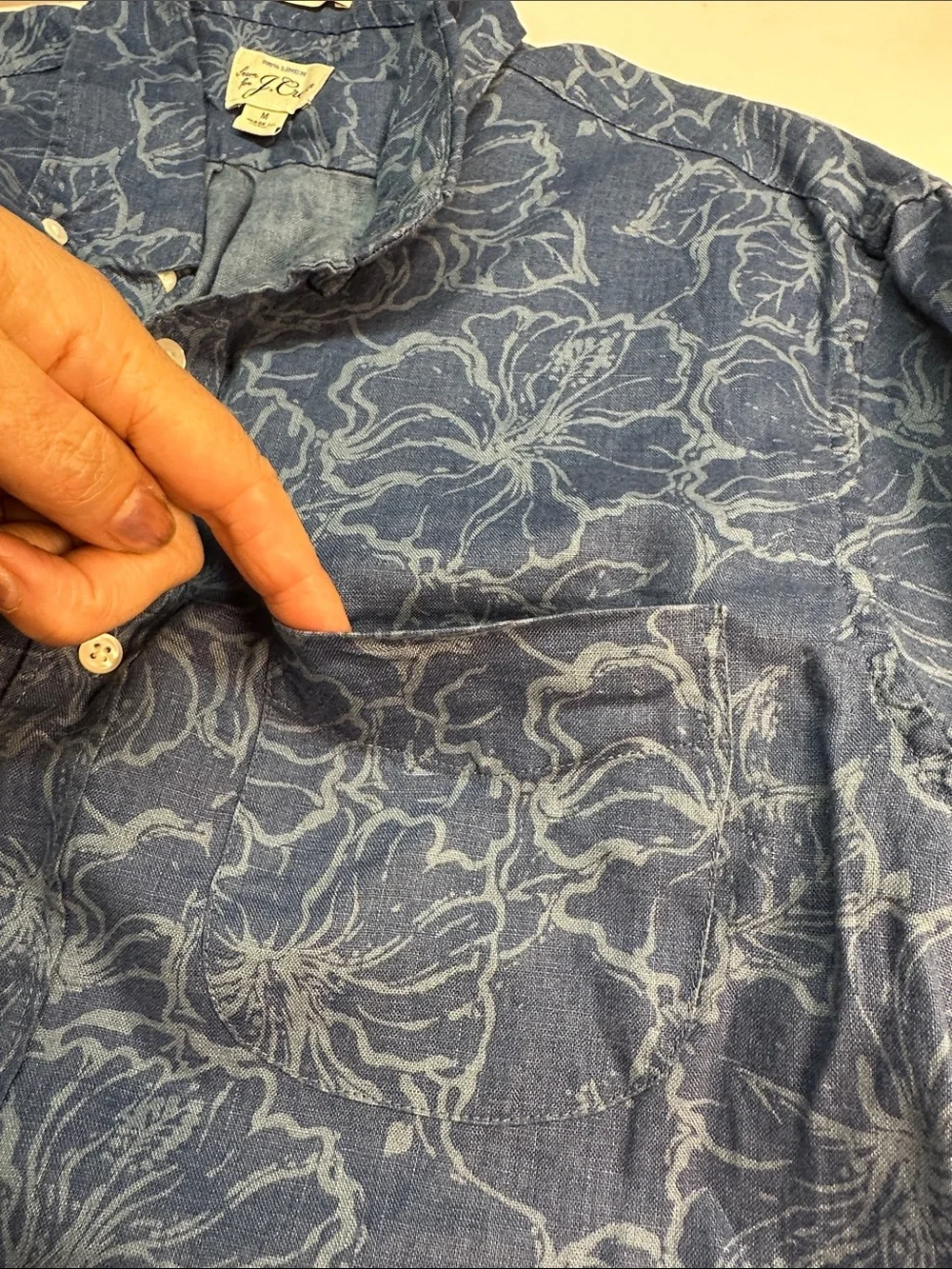 J. Crew Linen Button Up Long Sleeve Shirt, Blue Tropical Floral Men's M Slim Fit